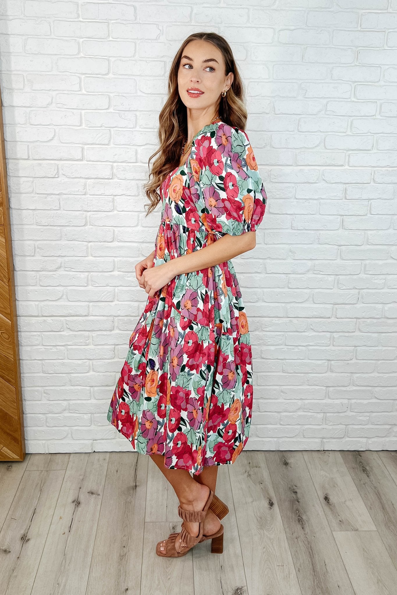 Dewdrop Blooms Puff Sleeve Floral Dress - Loving God