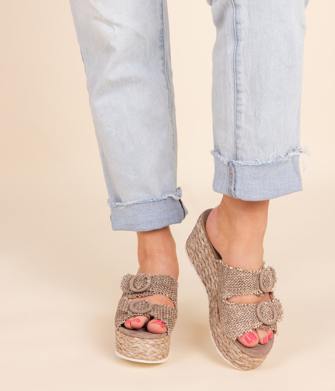 Eriwen Buckle Wedge in Taupe - Loving God