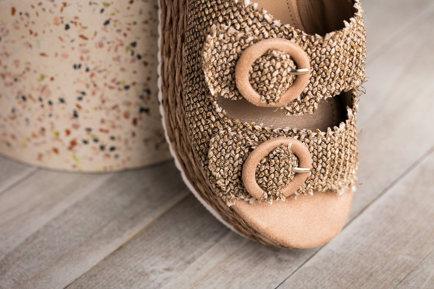Eriwen Buckle Wedge in Taupe - Loving God