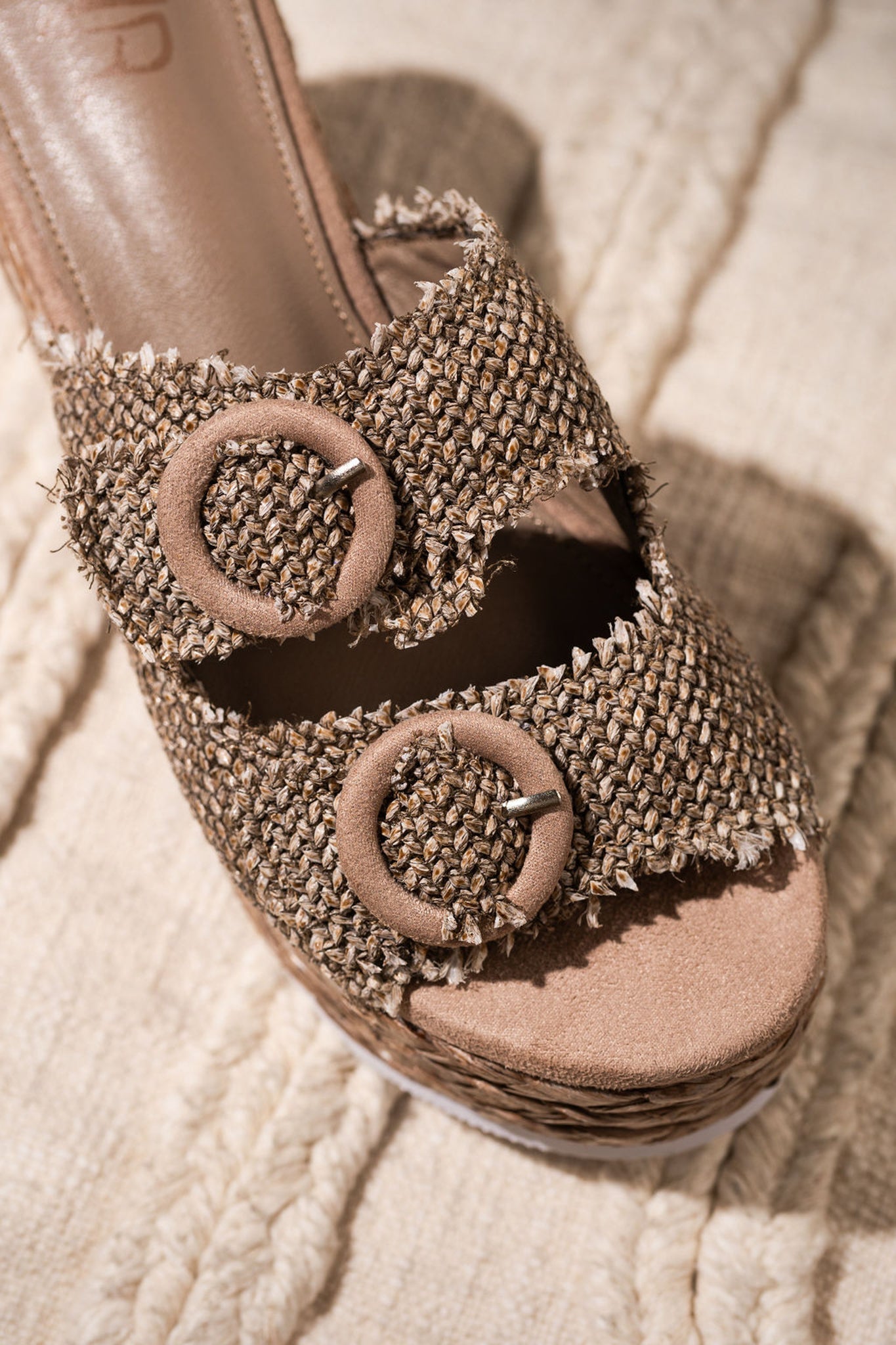 Eriwen Buckle Wedge in Taupe - Loving God