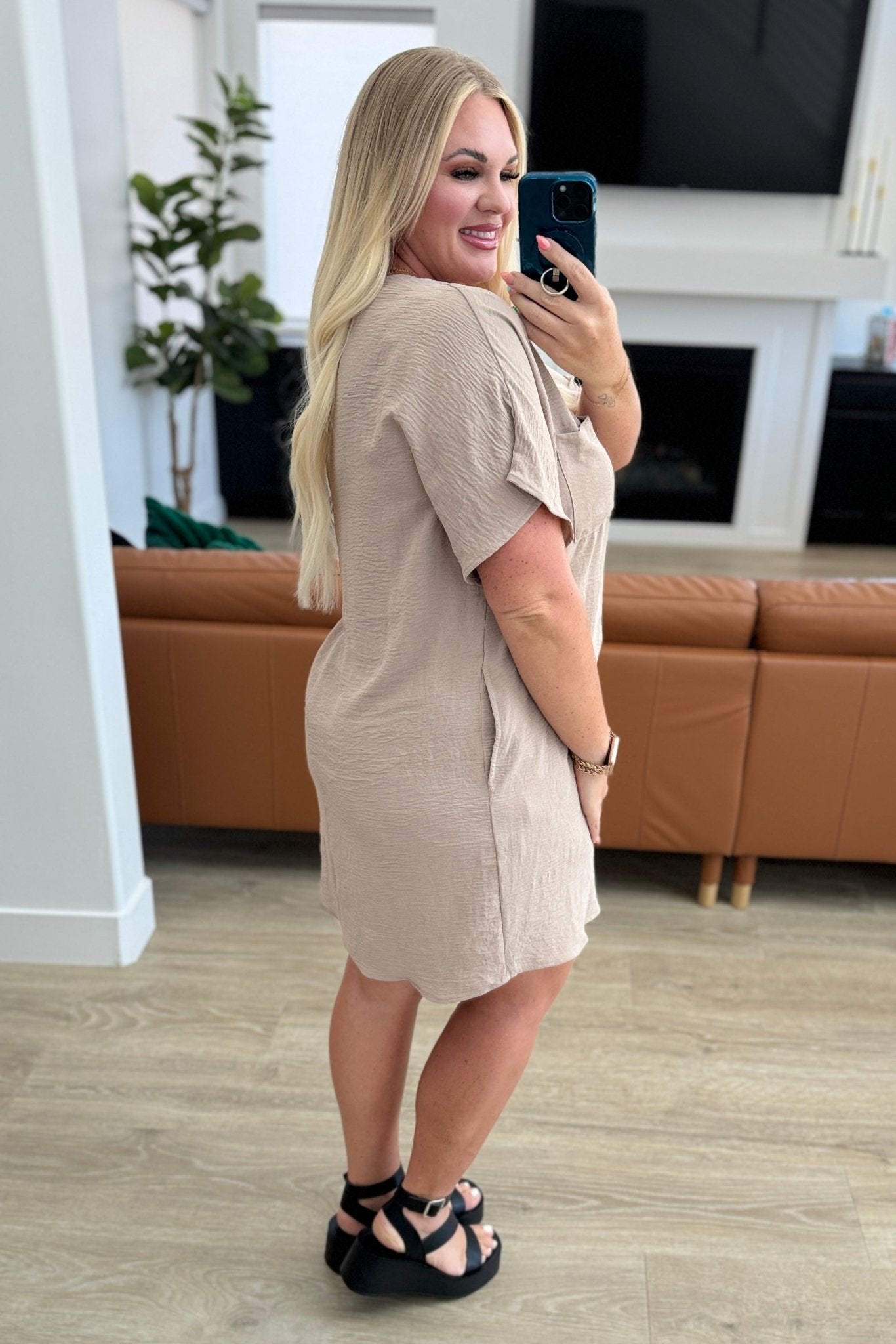 Go - Go Girl V - Neck T-Shirt Dress in Light Mocha - Loving God