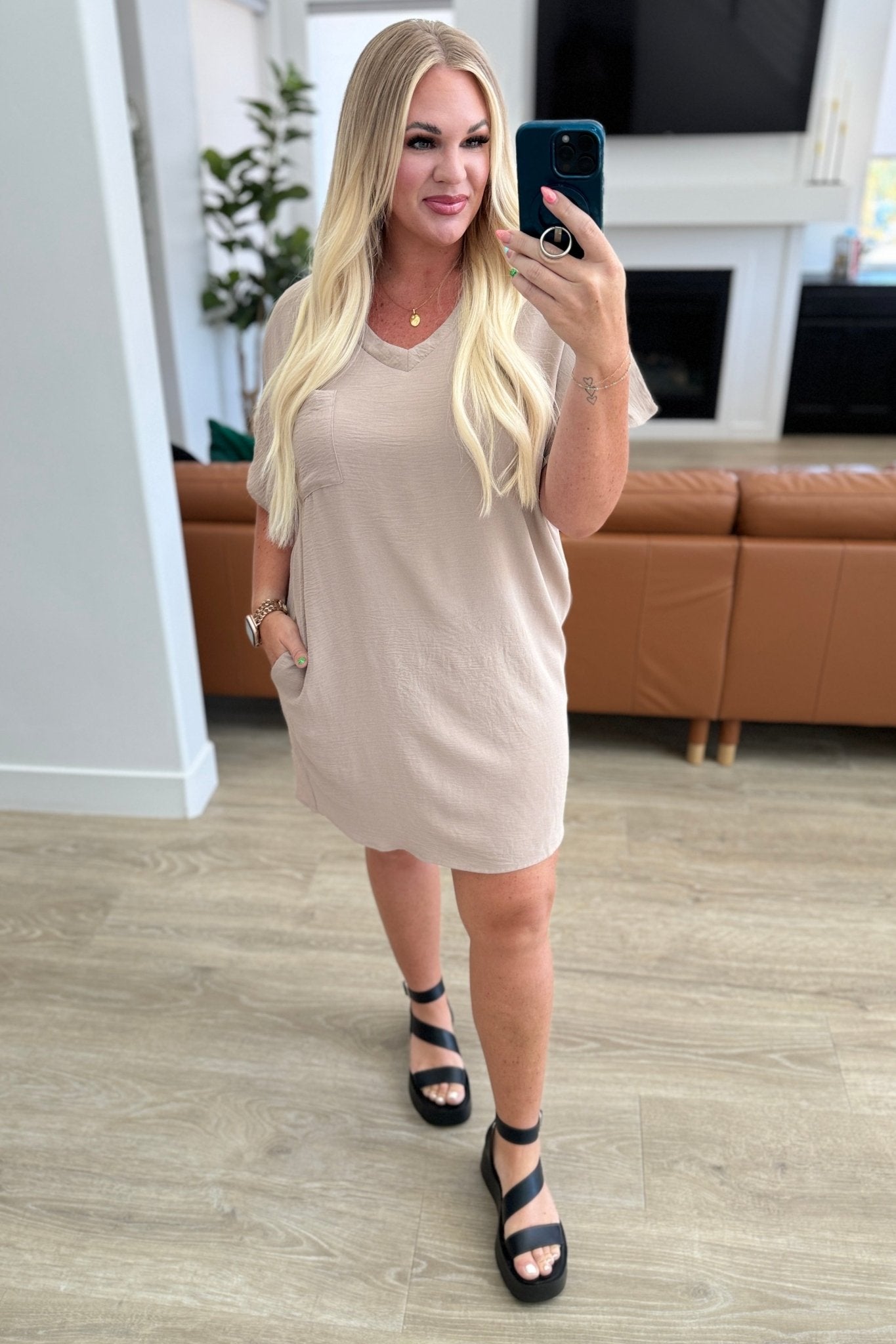 Go - Go Girl V - Neck T-Shirt Dress in Light Mocha - Loving God