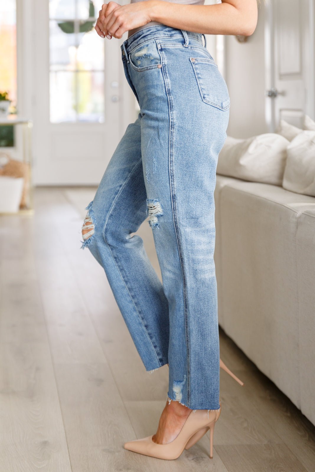 Nora High Rise Rigid Magic Destroy Slim Straight Jeans - Loving God
